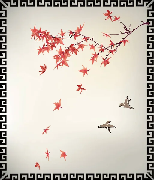 Chinese Painting Maple Tree Birds — Stock Vector