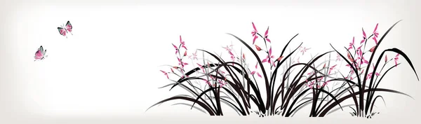 Pintura China Orquídea Mariposa Estilo Tinta — Vector de stock