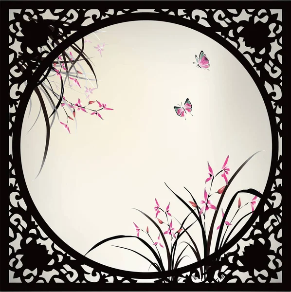 Chinese Schilderkunst Van Orchidee Vlinder Inkt Stijl — Stockvector