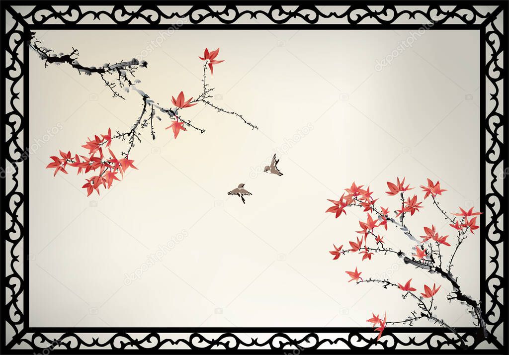 Chinese painting of maple tree and birds