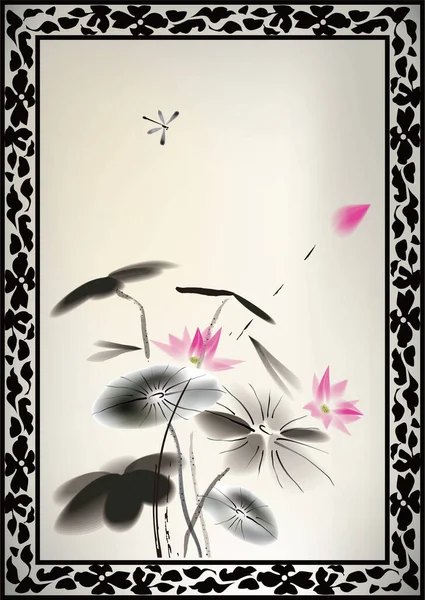 Pintura Chinesa Flores Lótus —  Vetores de Stock