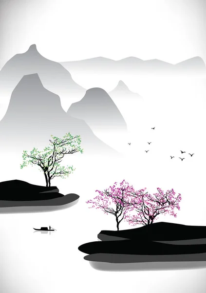 Chinese Traditional Painting South Landscape — Stock Vector