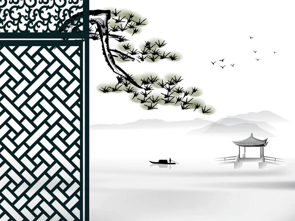 Chinese Traditional Painting South Landscape — Stock Vector