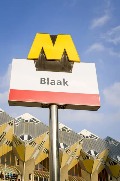 Rotterdam Unique Yellow Cube Houses Metro Sign Silver Pole Foreground — Stock Photo, Image