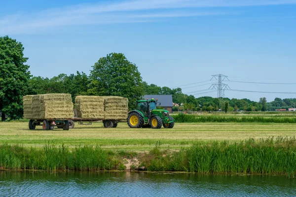 Dordrecht Нідерланди Червня 2020 Зелений Трактор Завантажує Тюки Сіна Трейлер — стокове фото