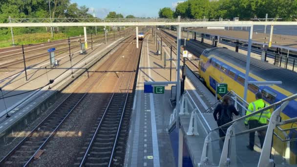 NS κίτρινο και μπλε ολλανδικό ηλεκτρικό Sprinter τρένο — Αρχείο Βίντεο