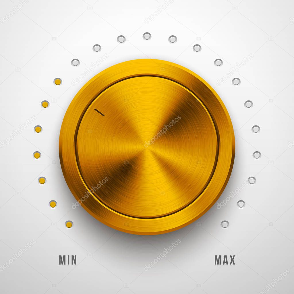 Gold metal audio volume knob, technology music button template, with metallic circular brushed texture, chrome, steel, range scale and realistic shadow for design, web, interfaces, UI, apps. Vector