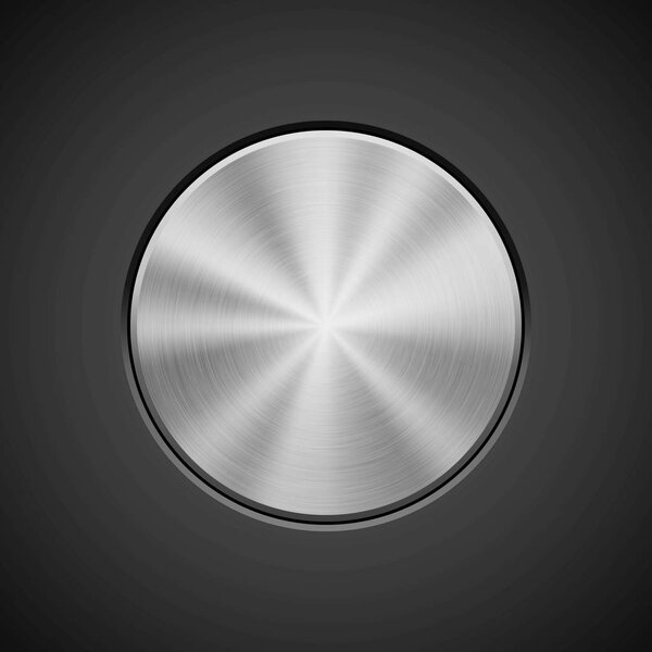 Metal circle push button, technology badge with metallic backhround, bevels and polished, brushed texture, chrome, silver, steel, aluminum for design concepts, web and prints. Vector illustration.