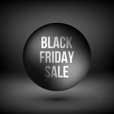 Siyah Cuma satış soyut rozet, sigorta primi lüks kabarcık düğme şablonu logo, tasarım kavramları, afiş, web, karanlık studio arka plan refleks ve gerçekçi gölge ile yazdırır. Vektör çizim.