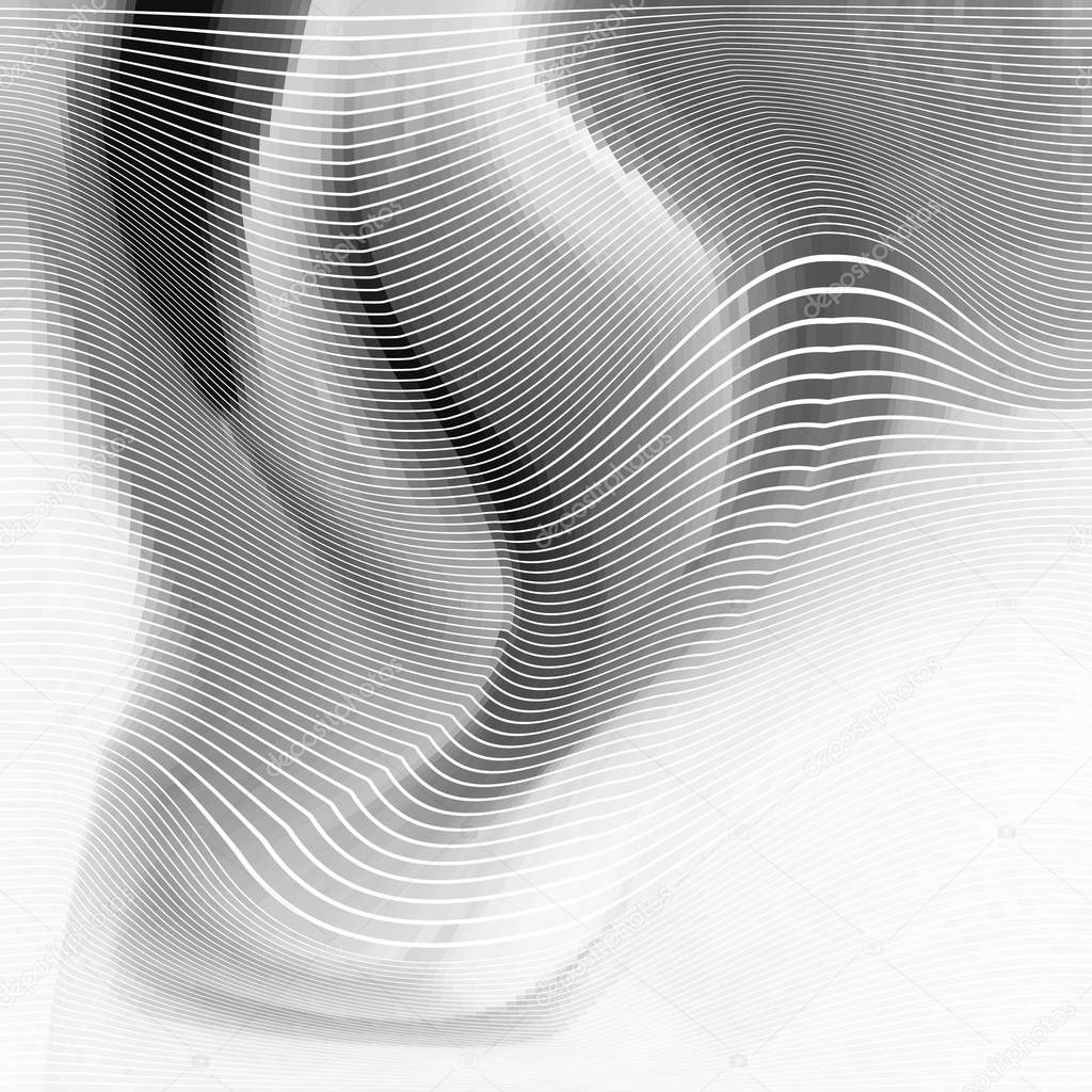 Glitch abstract background with distortion effect, bug, error, random wave black and white, monochrome lines for design concepts, posters, wallpapers, presentations and prints. Vector illustration.