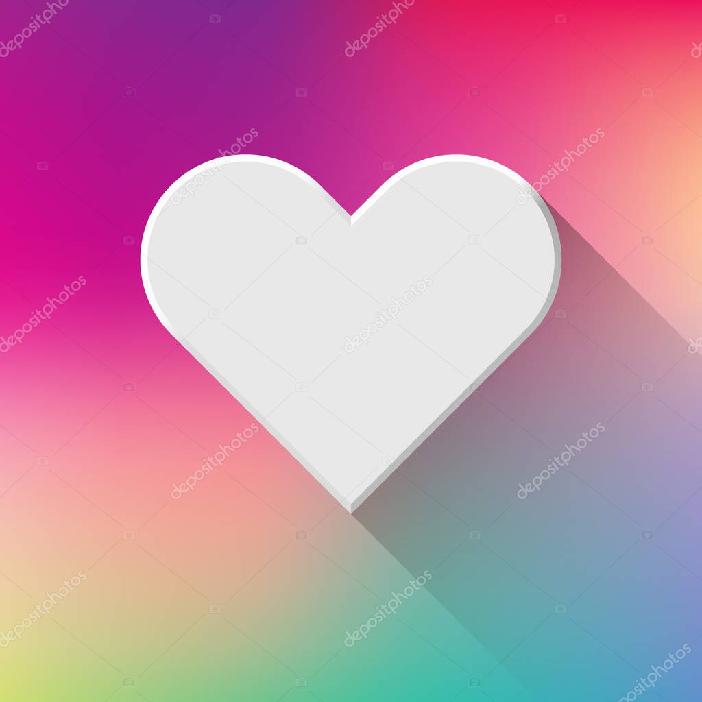 White abstract Valentines day heart sign, blank button template with flat designed shadow and blur gradient background for logo, design concepts, badges, banners, web, prints. Vector illustration.