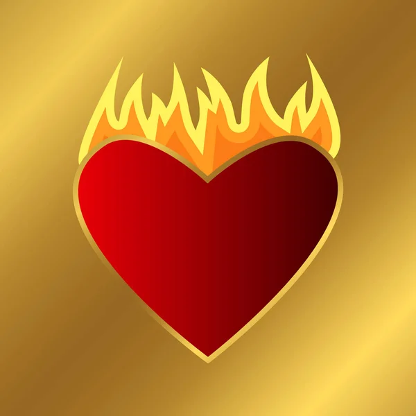 Icono Corazón Rojo Con Fuego Aislado Sobre Fondo Dorado Pasión — Vector de stock