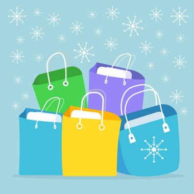 Noel alışveriş torbaları, arka plan üzerinde izole paket. Büyük satış. Hediyeler, sürpriz, ödül yığını. Tatil, xmas kavramı. Vektör düz çizgi film illüstrasyon