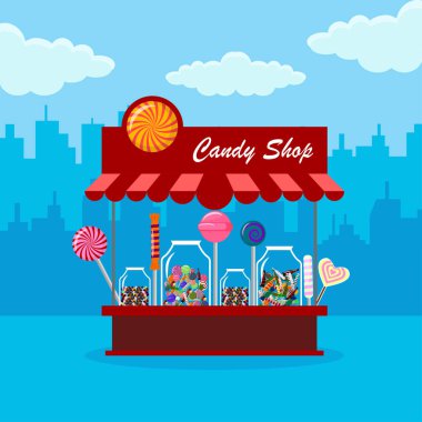 Candy shop, şehirde depolamak. Arka plan üzerinde izole cam tatlı şekerler. Lolipop, çikolata bar. Vektör karikatür tasarım