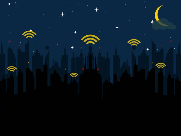 夜の街の Wifi の背景に分離されました ワイヤレス インター ネット接続の概念 ネットワークのロゴ ベクトル フラットなデザイン — ストックベクタ