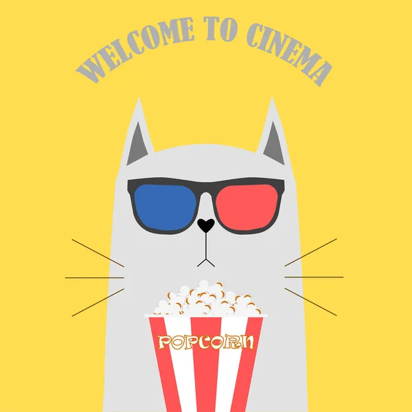 Katt Glasögon Med Låda Skål Popcorn Isolerad Bakgrunden Söt Djur — Stock vektor