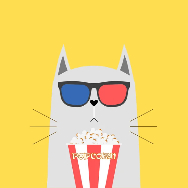 猫在3D 眼镜与盒子 碗爆米花孤立的背景 可爱的动物性格 电影院 电影概念 向量片动画片设计 — 图库矢量图片