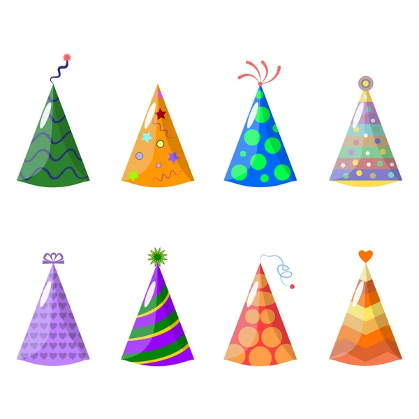 在蓝色背景上被隔绝的一套生日派对帽子 庆祝节日的狂欢节节日帽 新年快乐 圣诞节的概念 矢量卡通设计 — 图库矢量图片