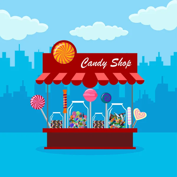 Candy Shop Store City Sweet Candies Glass Jar Isolated Background — Stock Vector