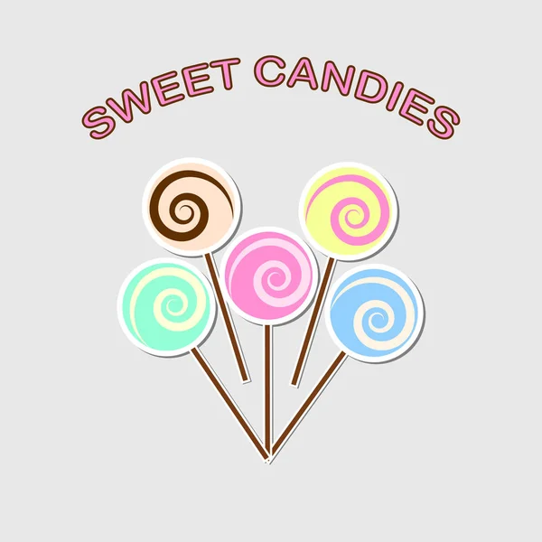 在背景上隔离的 Lolipop 明亮的焦糖与棍子 甜甜的糖果童年的概念 矢量平面设计 — 图库矢量图片