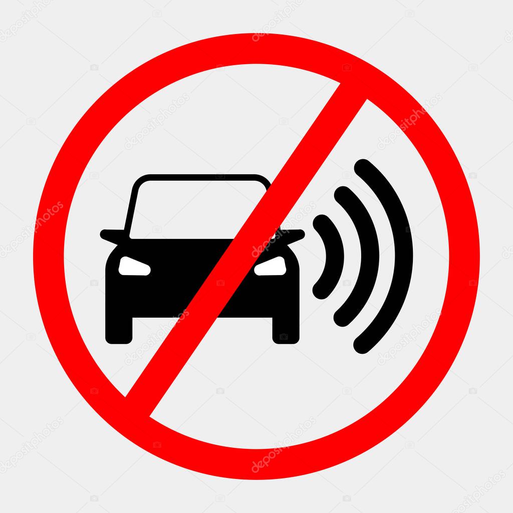 Smart car with navigation system, gps technology. Driverless vehicle with forbidden sign isolated on background. Vector flat design
