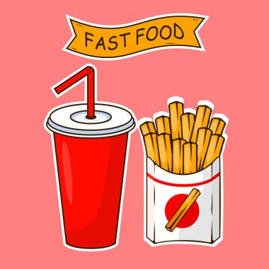 Gazoz Kupası saman ile. kızarmış patates, kızarmış patates kağıt kutusunda arka plan üzerinde izole. Limonata içmek