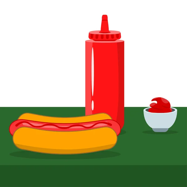 Bouteille de ketchup à la tomate isolée sur fond. Snack à la saucisse — Image vectorielle