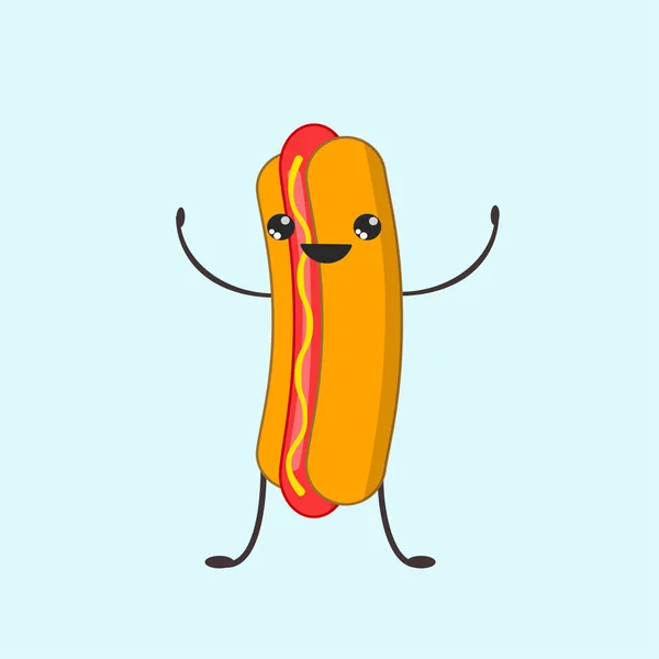 Drôle de hot-dog. La restauration rapide Kawaii. Saucisse au pain et sauce, ketchup — Image vectorielle