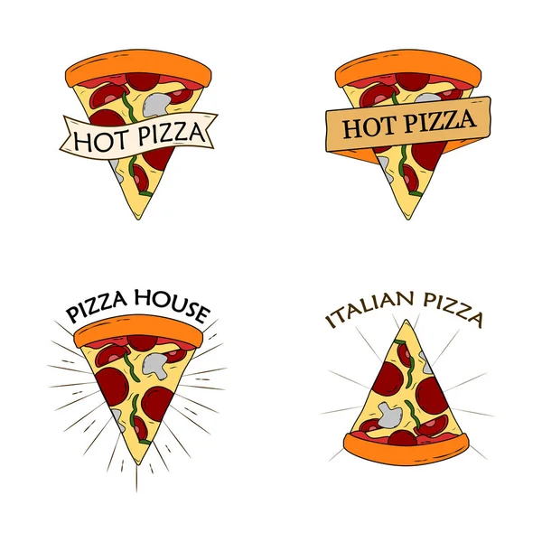 Rebanada de pizza aislada sobre fondo blanco. Logotipo para pizzería — Vector de stock