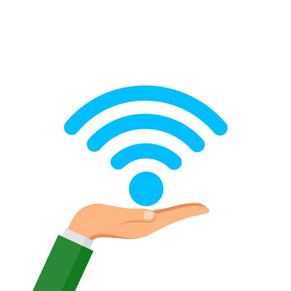 Hand houd gratis Wifi pictogram geïsoleerd op een witte achtergrond. Draadloze internetverbinding — Stockvector