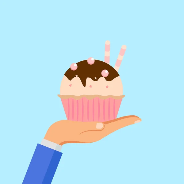 Hand hold yummy cake, muffin, cupcake — Stock Vector