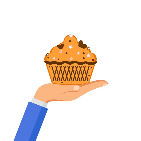 Mão segurar bolo gostoso, muffin, cupcake — Vetor de Stock