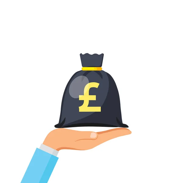 Kézzel tart pénzt táska ikonra, a moneybag egyszerű rajzfilm arany zsinórral és a brit font sterling — Stock Vector
