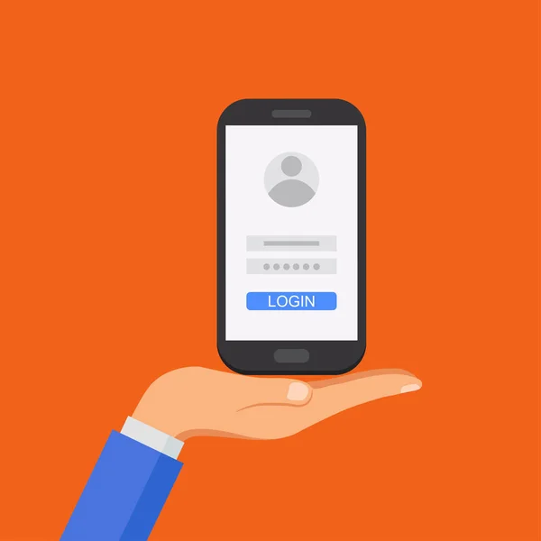 İçinde smartphone ekran giriş sayfasında oturum. Elini tut telefon. — Stok Vektör