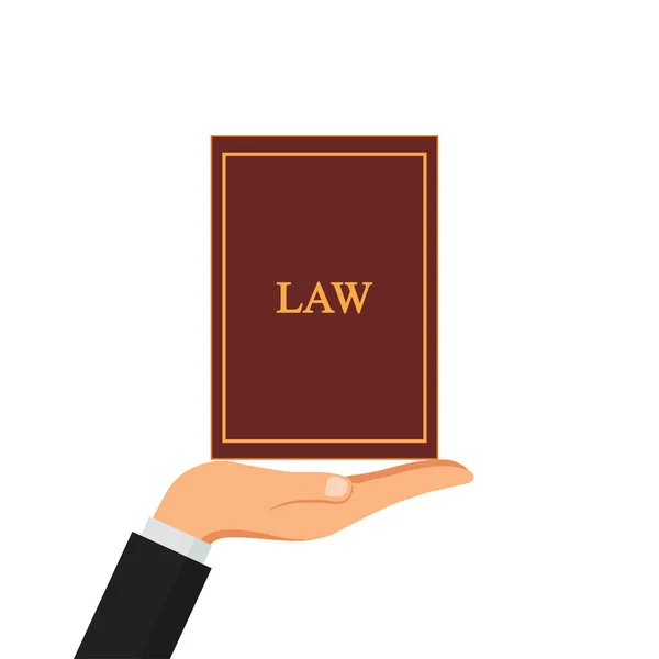 Law code book in the hand isolated on white background. Auction, judge cocept. — Stock Vector