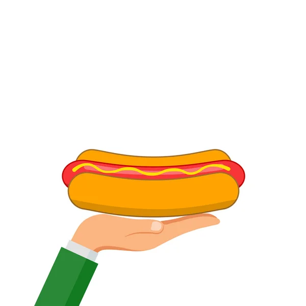 Hot dogin hand isolated on white background. Sausage with bread, ketchup, mustard — Stock Vector