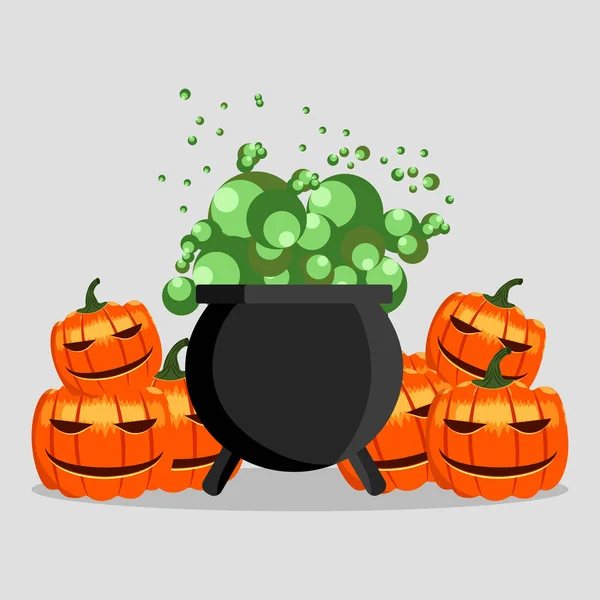 Feliz Halloween. Caldero de bruja con poción, calabaza aterradora . — Archivo Imágenes Vectoriales