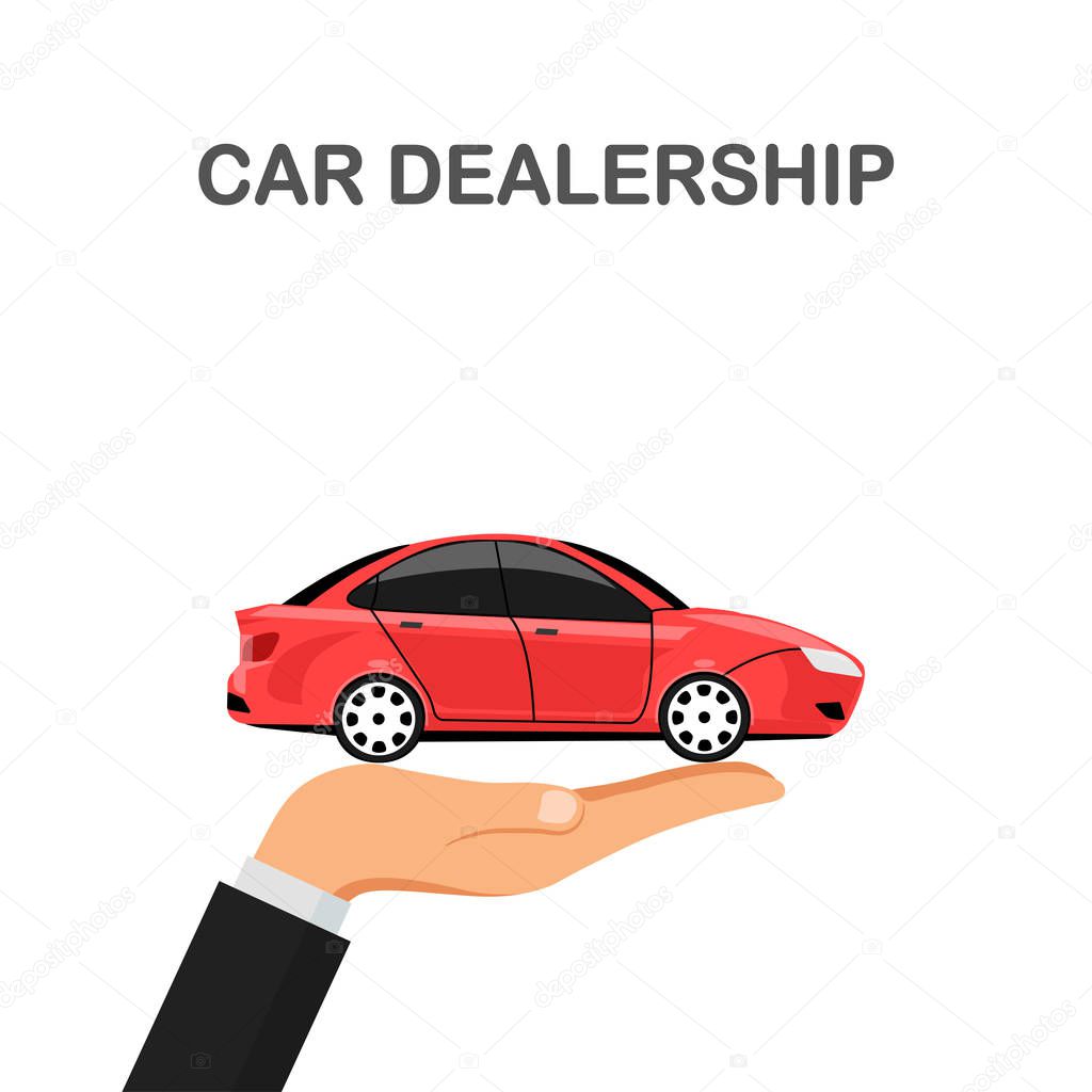 Hand hold red auto isolated on white background. Car rent, dealership