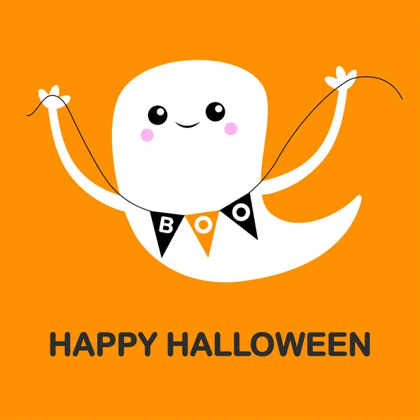 Feliz Halloween. Fantasma lindo con buntings, banderas. Boo. . — Archivo Imágenes Vectoriales