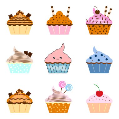 Nefis pasta ayarla, muffin izole arka plan üzerinde.