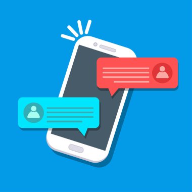 Sohbet haber tebliğ üstünde hareket eden telefon. SMS kabarcıklar ekranda