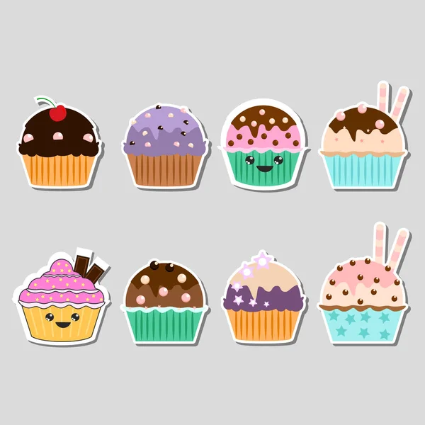 Set of yummy cake sticker, muffin isolated on background. — Stock Vector