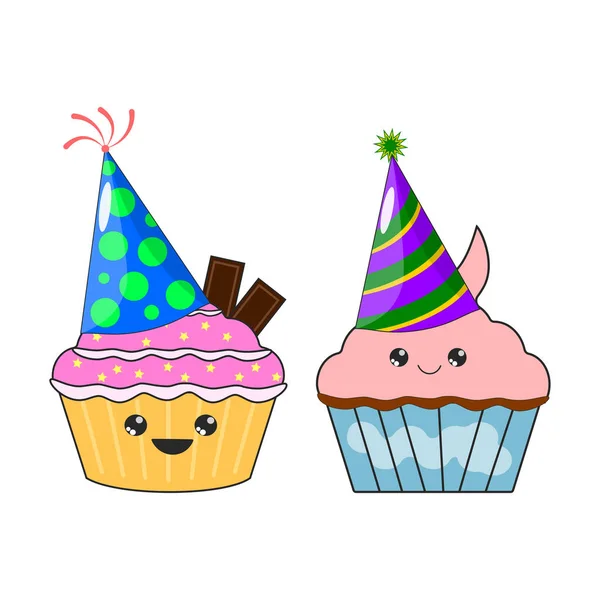 Ensemble de délicieux gâteau kawaii, autocollant muffin avec chapeau d'anniversaire de fête — Image vectorielle