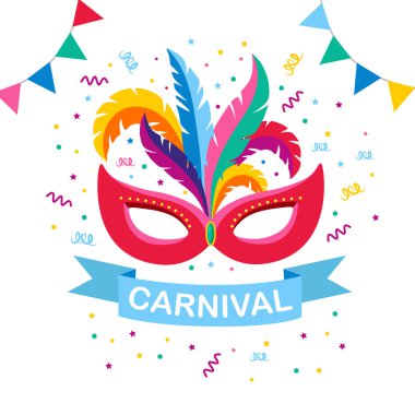 Tüyler, bayraklar, konfeti ile karnaval maskesi. Venedik Festivali 