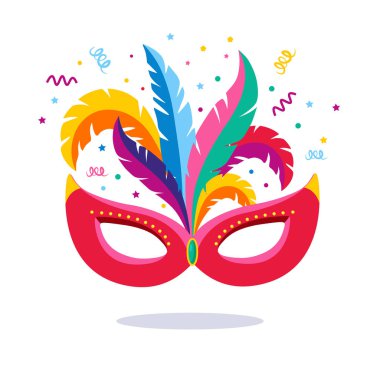Tüyler, bayraklar, konfeti ile karnaval maskesi. Venedik Festivali 