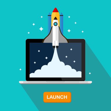 Dizüstü bilgisayar, bilgisayar arka plan üzerinde izole ile roket. Denize indirmek 