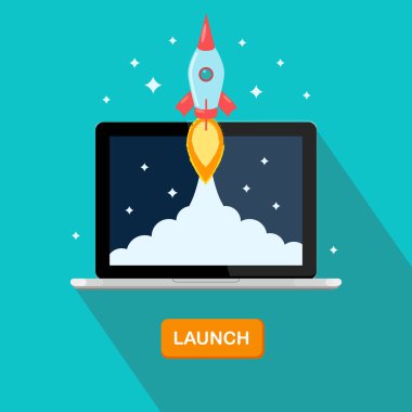 Dizüstü bilgisayar, bilgisayar arka plan üzerinde izole ile roket.