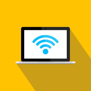 Dizüstü bilgisayar, bilgisayar arka plan üzerinde izole Ücretsiz Wifi simgesiyle.