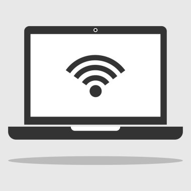 Dizüstü bilgisayar, bilgisayar arka plan üzerinde izole Ücretsiz Wifi simgesiyle.
