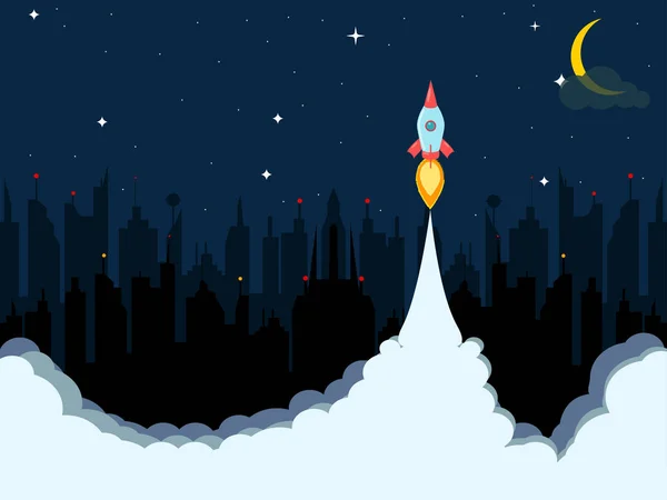 Rocket, shuttle ship with fire isolated on city background. — Stock Vector
